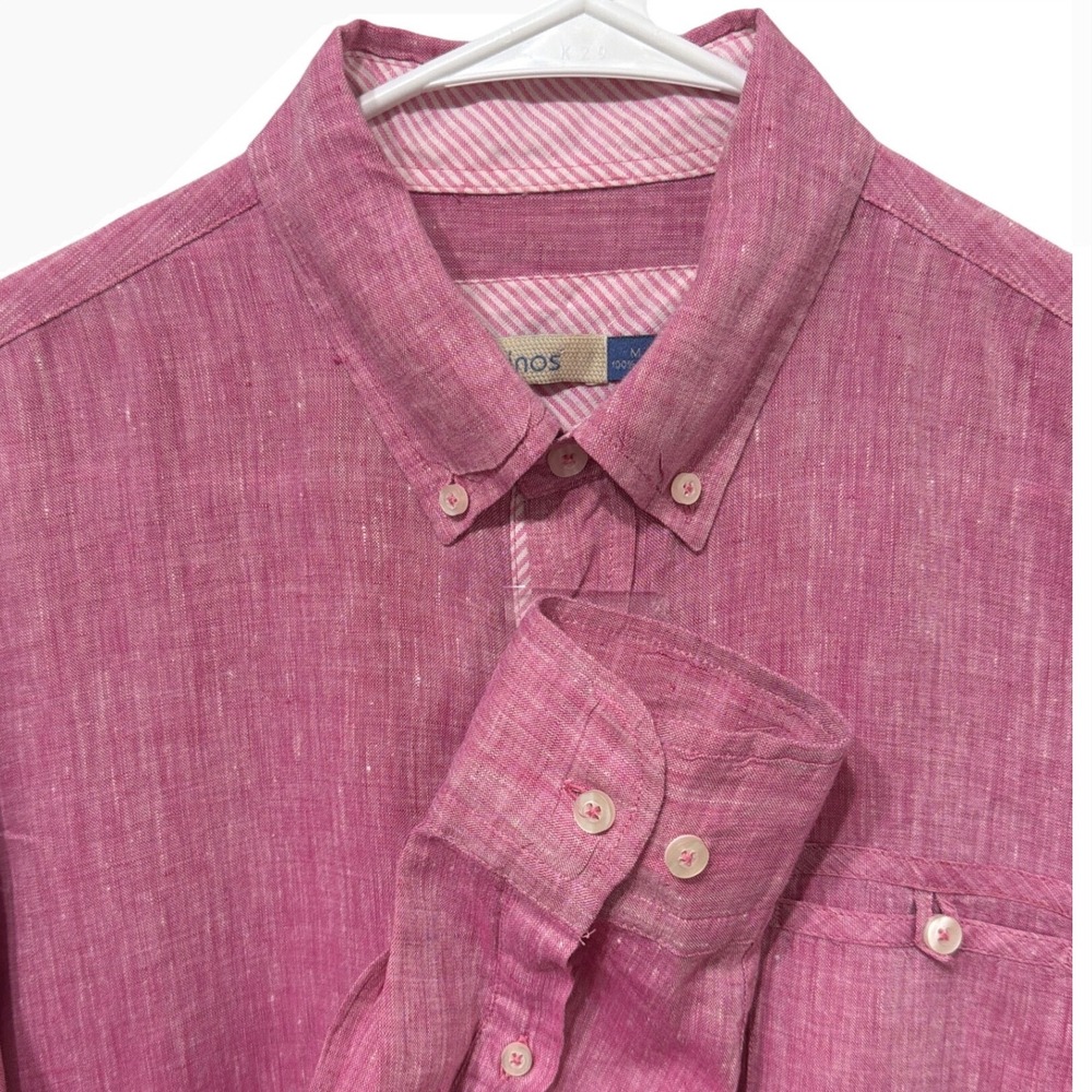 AC‎ Linos Mens 100% Linen Button Down Shirt Pink Long Sleeve Medium M Pocket